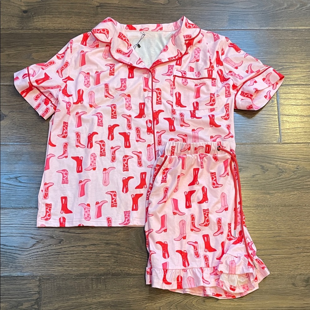 Kids Pink Boot Print Pajama Set